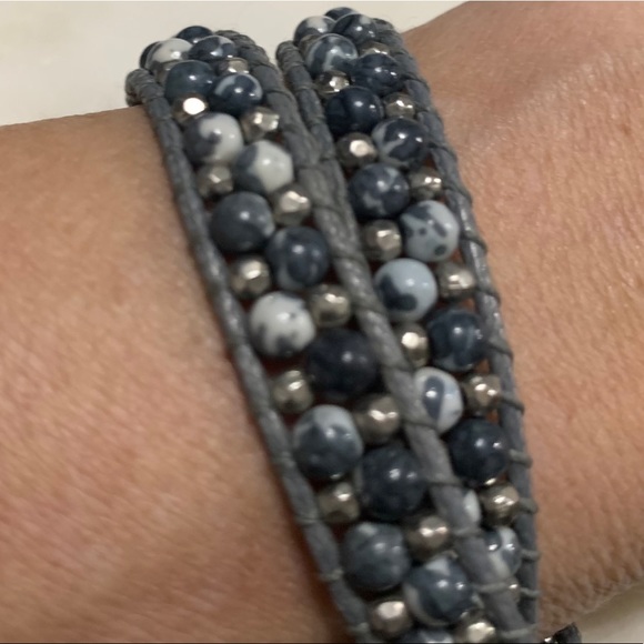 Jewelry - Gray faux leather w/gray & metallic bead bracelet
